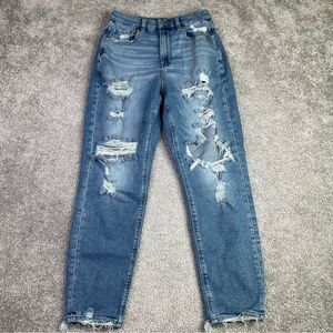 America Eagle Mom Jeans Womens 0* Blue Tapered High Waist Medium Wash Torn Curvy